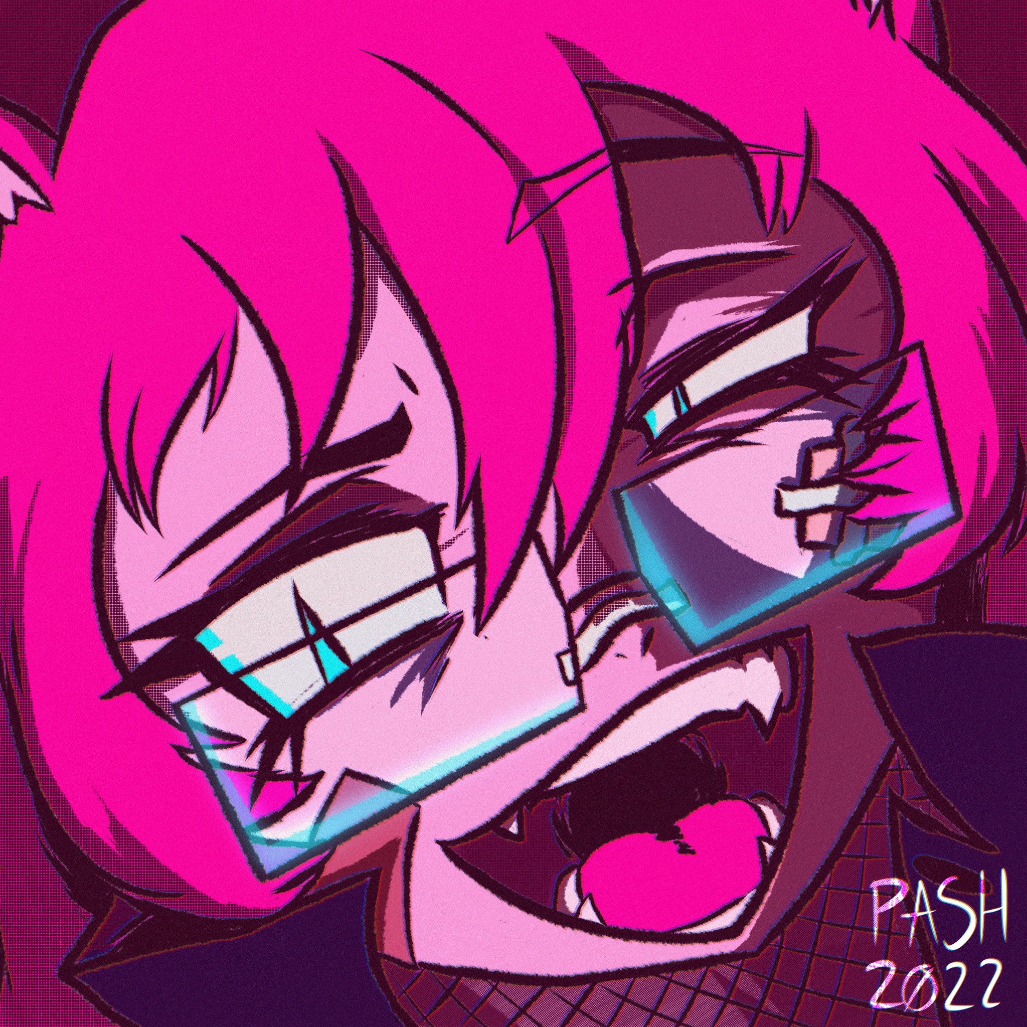 the face of a catgirl character, she has hot pink hair and her cat ears are barely visible due to being cut off by the edges of the image, she wears rectangular glasses, has fangs, has a popped leather jacket collar, and a mesh around her neck. She has face bandages and a fiesty facial expression. The artist watermark in the bottom right says Pash 2022